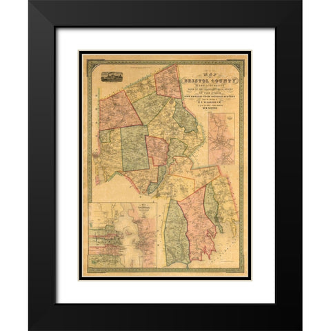 Bristol County Massachusetts - Walling 1852 Black Modern Wood Framed Art Print with Double Matting by Walling