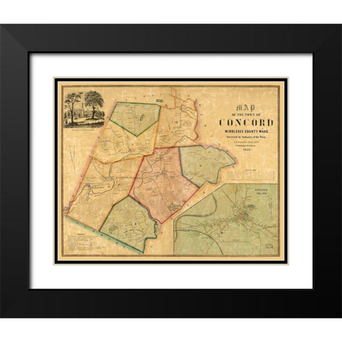 Concord Massachusetts - Walling 1852  Black Modern Wood Framed Art Print with Double Matting by Walling
