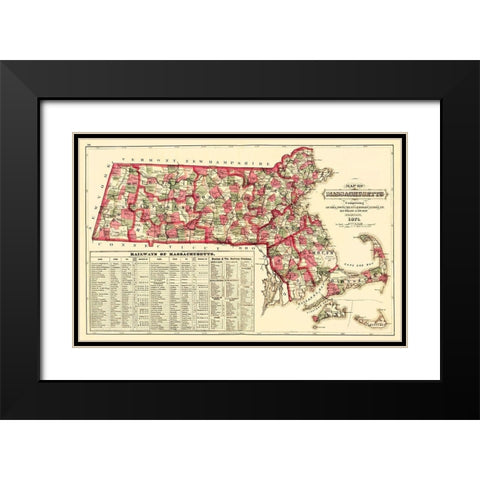 Massachusetts - Walling and Gray 1871 Black Modern Wood Framed Art Print with Double Matting by Walling