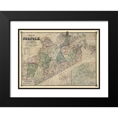 Norfolk County Massachusetts - Walling 1853 Black Modern Wood Framed Art Print with Double Matting by Walling