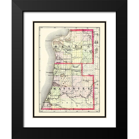 Benzie  Manistee Michigan - Walling 1873 Black Modern Wood Framed Art Print with Double Matting by Walling