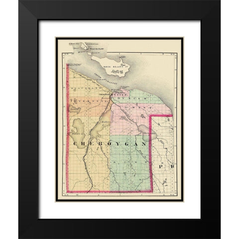 Cheboygan Michigan - Walling 1873 Black Modern Wood Framed Art Print with Double Matting by Walling