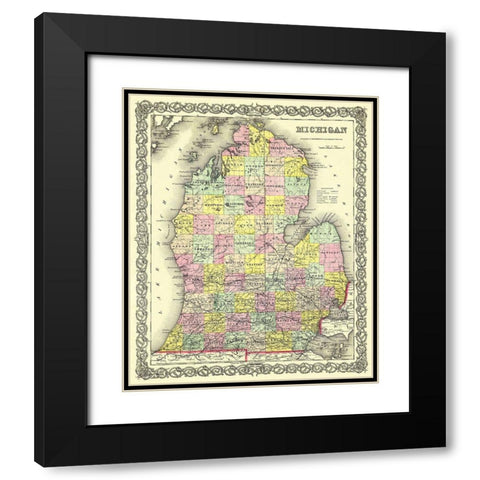 Michigan Lower Peninsula - Colton 1855 Black Modern Wood Framed Art Print with Double Matting by Colton