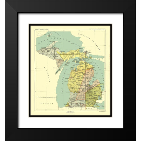 Michigan - Hoen 1896 Black Modern Wood Framed Art Print with Double Matting by Hoen