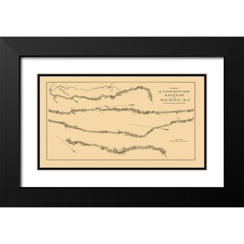 Saginaw to Mackinac Michigan Road Survey Black Modern Wood Framed Art Print with Double Matting by Poole