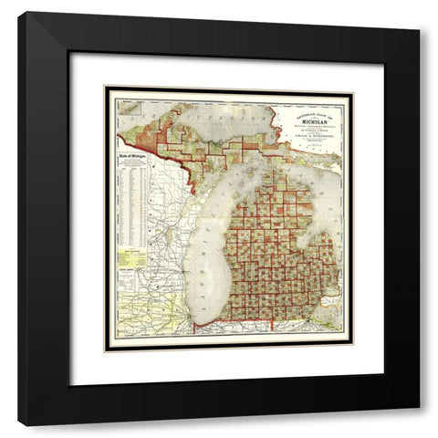Michigan - Cram 1885 Black Modern Wood Framed Art Print with Double Matting by Cram
