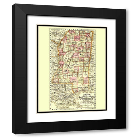 Mississippi Railroad and Townships - Cram 1878 Black Modern Wood Framed Art Print with Double Matting by Cram