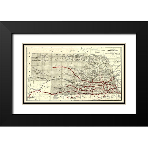 Burlington Railroad Route - Hirschfield 1886 Black Modern Wood Framed Art Print with Double Matting by Hirschfield