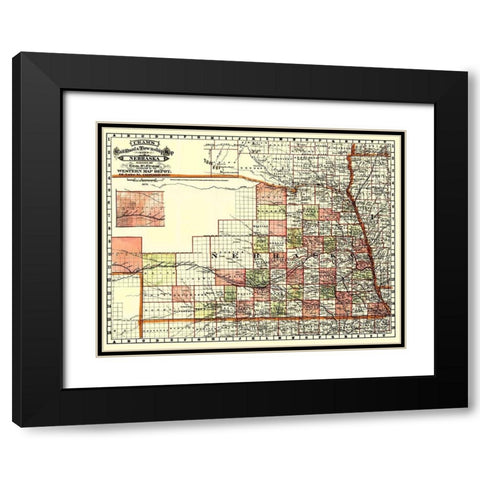 Nebraska Railroads and Townships - Cram 1879 Black Modern Wood Framed Art Print with Double Matting by Cram