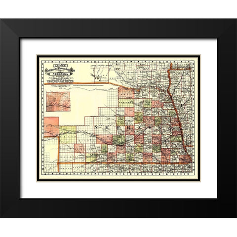 Nebraska Railroads and Townships - Cram 1879 Black Modern Wood Framed Art Print with Double Matting by Cram