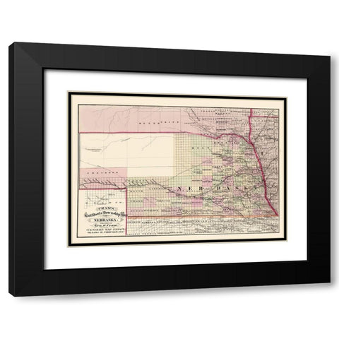 Nebraska Railroad and Townships - Cram 1875 Black Modern Wood Framed Art Print with Double Matting by Cram