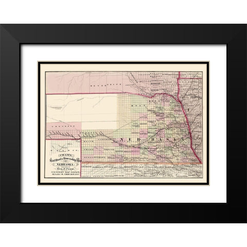 Nebraska Railroad and Townships - Cram 1875 Black Modern Wood Framed Art Print with Double Matting by Cram