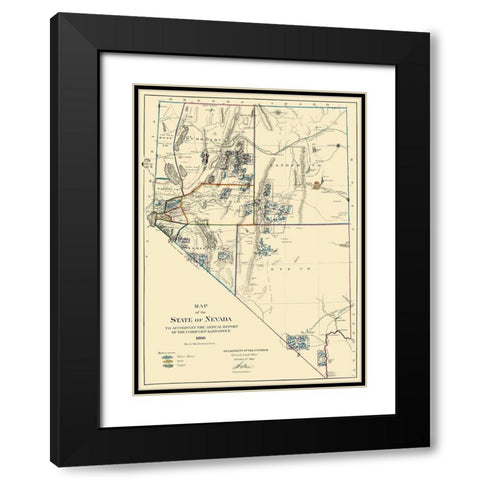 Mining Nevada - General Land Office 1866 Black Modern Wood Framed Art Print with Double Matting by General Land Office