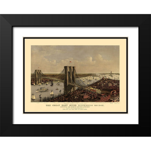East River Suspension Bridge New York Black Modern Wood Framed Art Print with Double Matting by Currier
