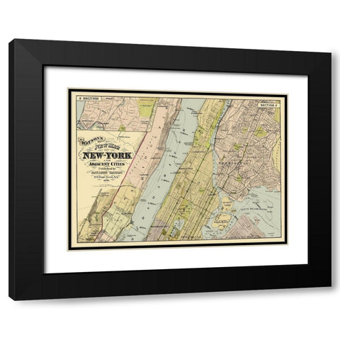 New York, Adjacent Cities New York - Watson 1891 Black Modern Wood Framed Art Print with Double Matting by Watson