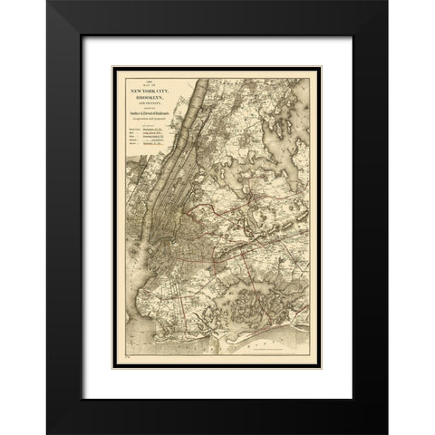 New York City, Brooklyn Elevated Railroad 1885 Black Modern Wood Framed Art Print with Double Matting by Colton