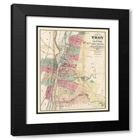 Troy New York - Walling 1874  Black Modern Wood Framed Art Print with Double Matting by Walling