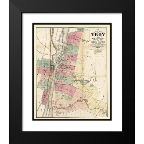 Troy New York - Walling 1874  Black Modern Wood Framed Art Print with Double Matting by Walling