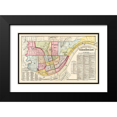 Cincinnati, Outline Ohio Outline - Titus 1869 Black Modern Wood Framed Art Print with Double Matting by Titus