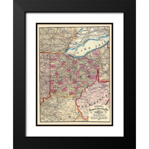 Ohio Railroads and Townships - Cram 1875 Black Modern Wood Framed Art Print with Double Matting by Cram