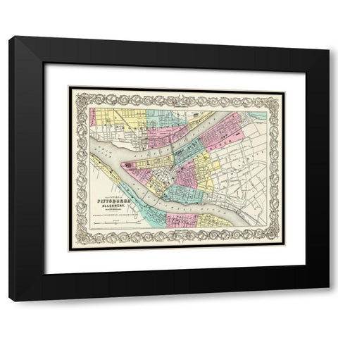 Pittsburg Pennsylvania - Colton 1855 Black Modern Wood Framed Art Print with Double Matting by Colton