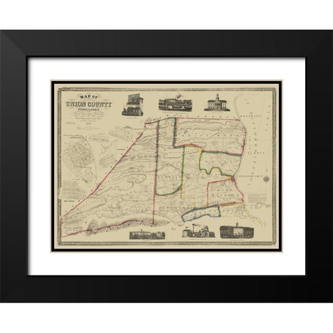 Union County Pennsylvania - Pasehall 1856 Black Modern Wood Framed Art Print with Double Matting by Pasehall