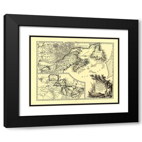 United States Canada - Vaugondy 1755 Black Modern Wood Framed Art Print with Double Matting by Vaugondy