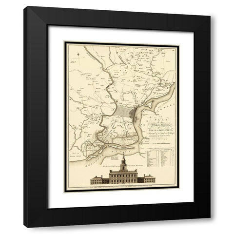 City Environs of Philadelphia - Faden 1777 Black Modern Wood Framed Art Print with Double Matting by Faden