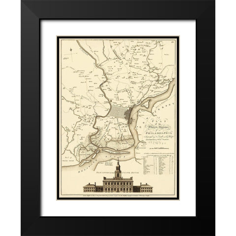 City Environs of Philadelphia - Faden 1777 Black Modern Wood Framed Art Print with Double Matting by Faden