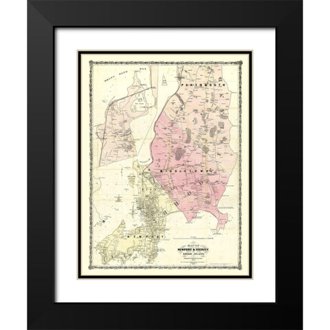 Newport Rhode Island - Dripps 1870  Black Modern Wood Framed Art Print with Double Matting by Dripps