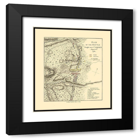 Camden South Carolina - Faden 1787  Black Modern Wood Framed Art Print with Double Matting by Faden