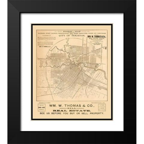 Houston Texas - Thomas 1890  Black Modern Wood Framed Art Print with Double Matting by Thomas