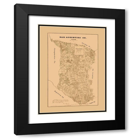 San Augustine County Texas - Walsh 1879  Black Modern Wood Framed Art Print with Double Matting by Walsh