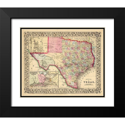 Texas County Map - Mitchell 1870  Black Modern Wood Framed Art Print with Double Matting by Mitchell