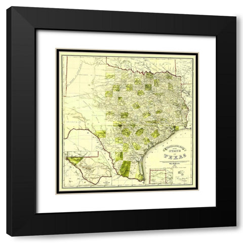 Travellers Map of the State of Texas 1867 Black Modern Wood Framed Art Print with Double Matting by Pressler