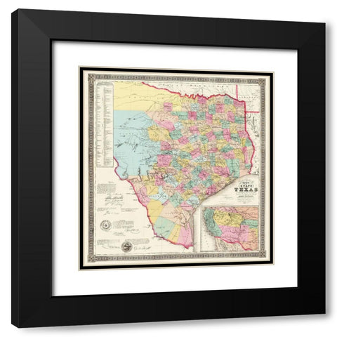 Texas State of J de Cordova - Colton 1856 Black Modern Wood Framed Art Print with Double Matting by Colton