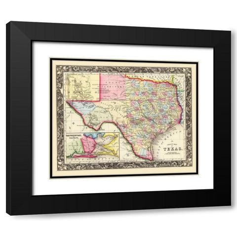Texas State and County - Mitchell 1860 Black Modern Wood Framed Art Print with Double Matting by Mitchell
