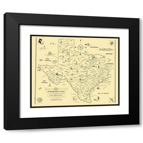 Texas Literary Map - National Bank of Dallas 1955 Black Modern Wood Framed Art Print with Double Matting by National Bank of Dallas