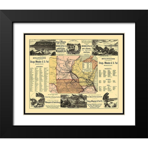 Chicago, Milwaukee, St Paul Railway Stations 1874 Black Modern Wood Framed Art Print with Double Matting by Rand McNally
