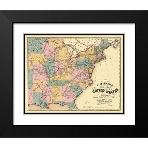 US East Railroad, Telegraph, Stage Coach 1850 Black Modern Wood Framed Art Print with Double Matting by Disturnell