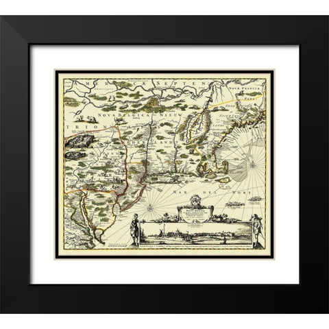 New England Original Colonies - 1673 Black Modern Wood Framed Art Print with Double Matting by Unknown