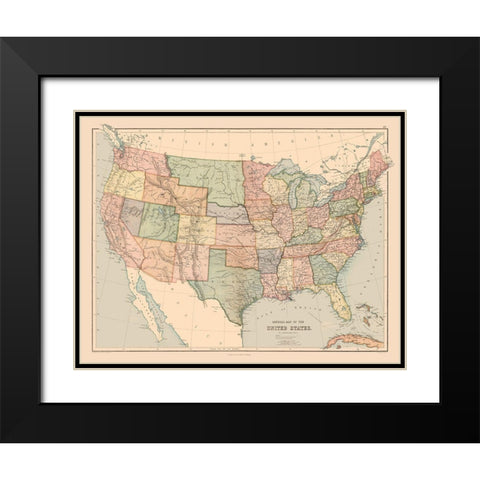 General Map of US - Black 1867 Black Modern Wood Framed Art Print with Double Matting by Black
