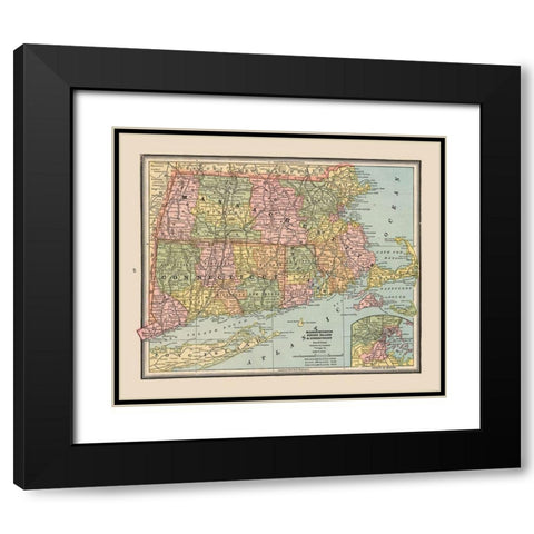 Massachusetts, Rhode Island - Cram 1888 Black Modern Wood Framed Art Print with Double Matting by Cram