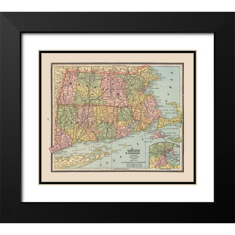 Massachusetts, Rhode Island - Cram 1888 Black Modern Wood Framed Art Print with Double Matting by Cram