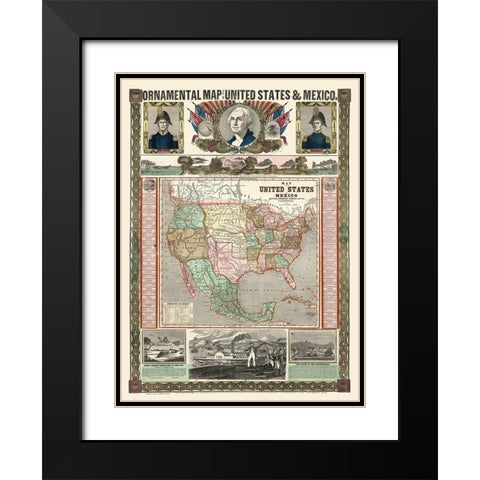 United States - Mexico - Thayer 1868 Black Modern Wood Framed Art Print with Double Matting by Thayer