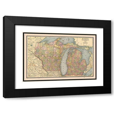 Michigan, Wisconsin - Cram 1888 Black Modern Wood Framed Art Print with Double Matting by Cram