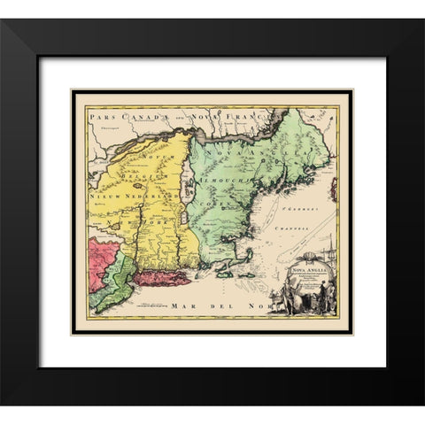 New England, United States - Homann 1759 Black Modern Wood Framed Art Print with Double Matting by Homann
