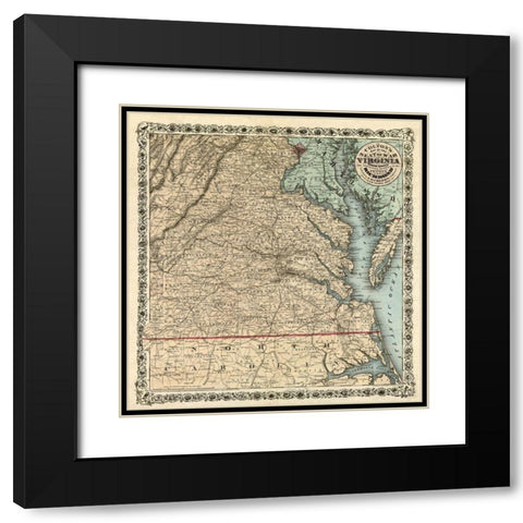 Seat of War Virginia - Colton 1862 Black Modern Wood Framed Art Print with Double Matting by Colton