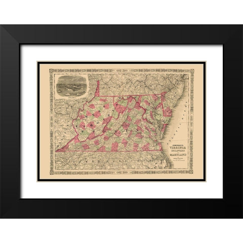 Virginia, Maryland, Delaware - Johnson 1864 Black Modern Wood Framed Art Print with Double Matting by Johnson