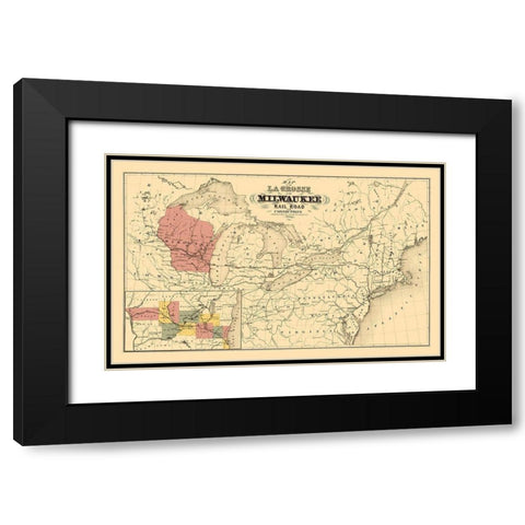La Crosse and Milwaukee Railroad - Colton 1855 Black Modern Wood Framed Art Print with Double Matting by Colton